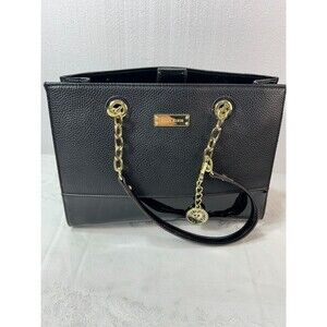 Anne Klein Leather Two-Toned Black Handbag with Gold Chain and Medallion